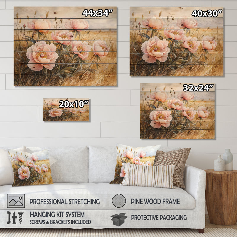 Peonies By The Open Prairie III - Peonies Wood Wall Decor - On Natural Pine Wood, 30" H x 40" W x 0.78" D