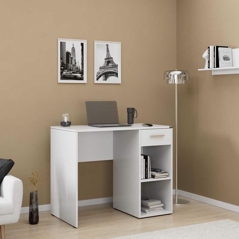 Matt White Study Desk with Drawer & Shelves, White