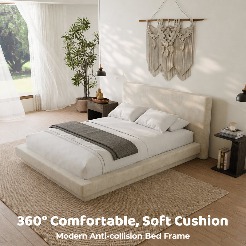 King Size Chenille Cloud Platform Bed Frame in Beige with Plush Headboard and Family-Friendly Foam Padding, King Size, Beige