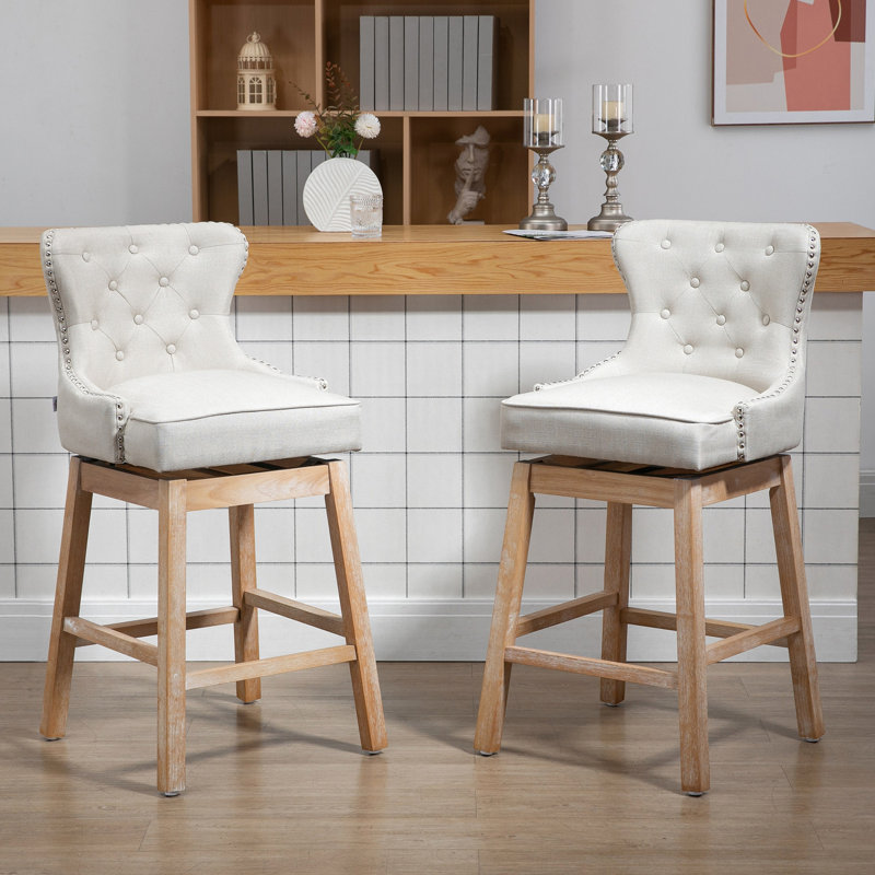 2 tabourets de bar rembourrés, couleur crème, siège d'une hauteur de 30 po, pivotant à 180 °, pieds en bois d'hévéa, tabourets de 2 chaises de hauteur, rembourrés et