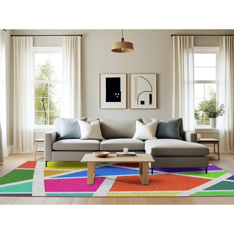 Orange abstrait/bleu/rose Tapis décoratif, Rectangle 6 pi x 9 pi