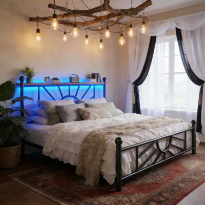 Vintage Metal Bed Frame with LED Lights, Storage Headboard & 10.2" Under Bed Storage, Noise-Free Sturdy Platform Bed