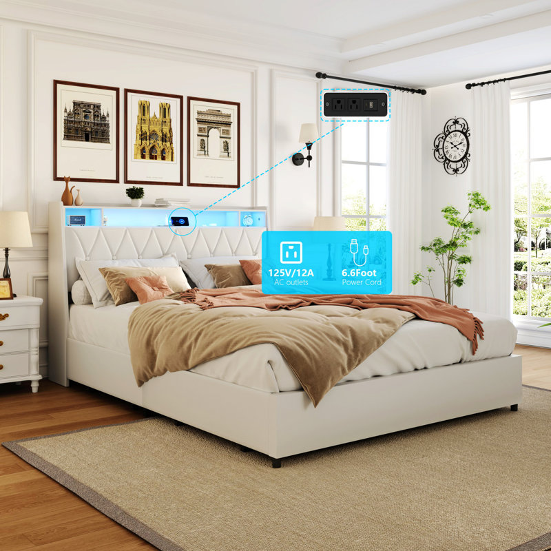 Cadre de lit en métal avec tablette de rangement et lumière DEL, cadre de lit plateforme avec prises et chargeur, Blanc
