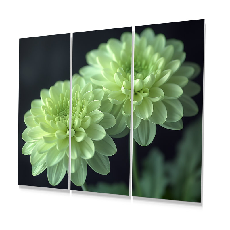 «Green Monochrom Mums Flowers Bouquet I», ensemble d'art mural, Métal métal, H 32 po x l 48 po x P 1 po
