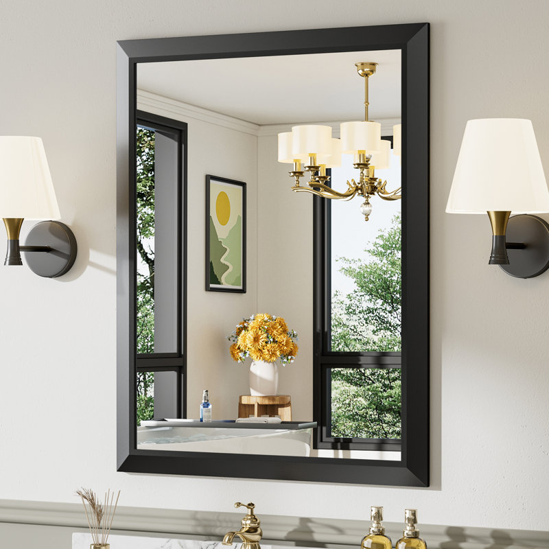 Miroirs de salle de bain modernes et contemporains en métal biseauté rectangulaire / carré avec verre trempé HD, Noir mat