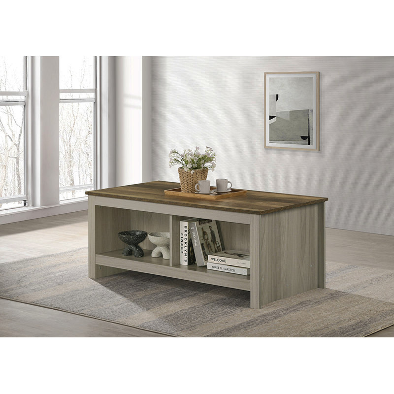 Table basse en chêne gris N 43 po avec tablettes ouvertes à l'avant et à l'arrière Nilda