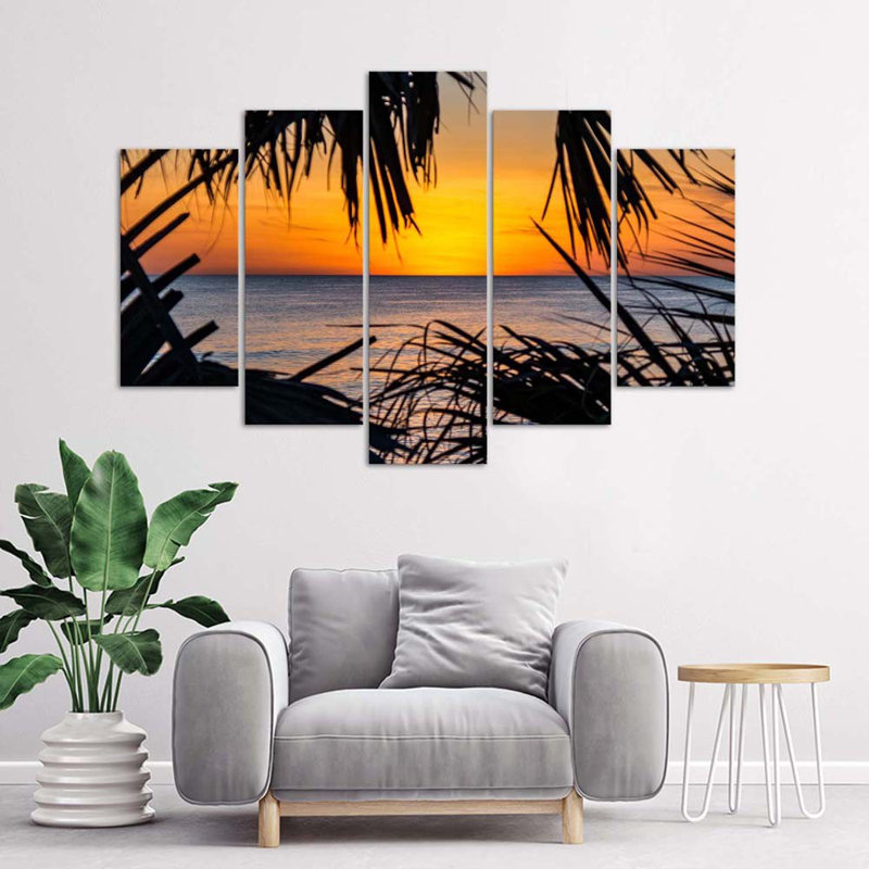 Sea Palm Trees At Sunset - 5 Piece No Frame Print on Canvas