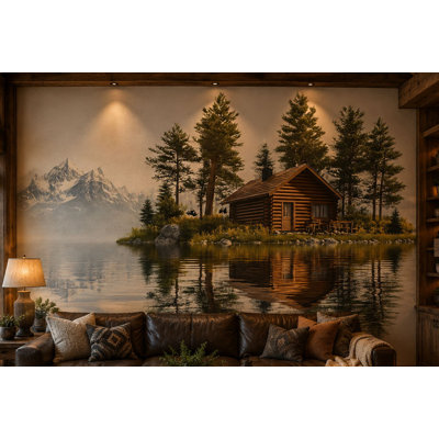 Autocollant mural chalet au bord du lac, décoration murale forêt de montagne, art mural rustique, décoration nature avec pin, décoration chalet et maison au bord du lac 695MV