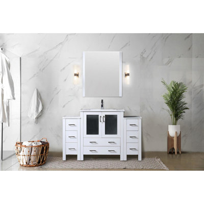 White 54 In. W Bath Vanity Featuring Side Cabinets, Ceramic Top, 28 Mirror - Soft Closing, Scratch , Good Storage For Cuticle Countertop, Volume