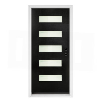 Porte d'entrée en fibre de verre 36 x 80 avec moulure de brique, verre givré, porte en fibre de verre à finition noire - style contemporain pour l'entrée principale de la maison, ouverture à gauche avec cadre en vinyle blanc