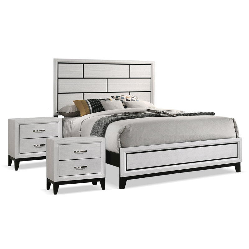 Ferris Beeson 5-Piece Bedroom Set, Très grand lit, Noir / blanc, Cinq pièces : Lit, 2 tables de chevet, commode, m