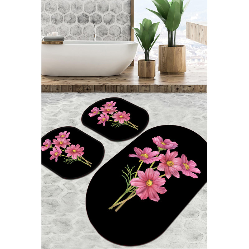 Ensemble luxueux de tapis de bain 3 pièces, noir, rose et vert, 23,6 po x 39,4 po (1 pièce) et 19,7 po x 23,6 po (2 pièces) | 100% polyester, 700 g / m², hauteur des poils de 0,4 po | Antibactérien, antidérapant, lavable à la machine