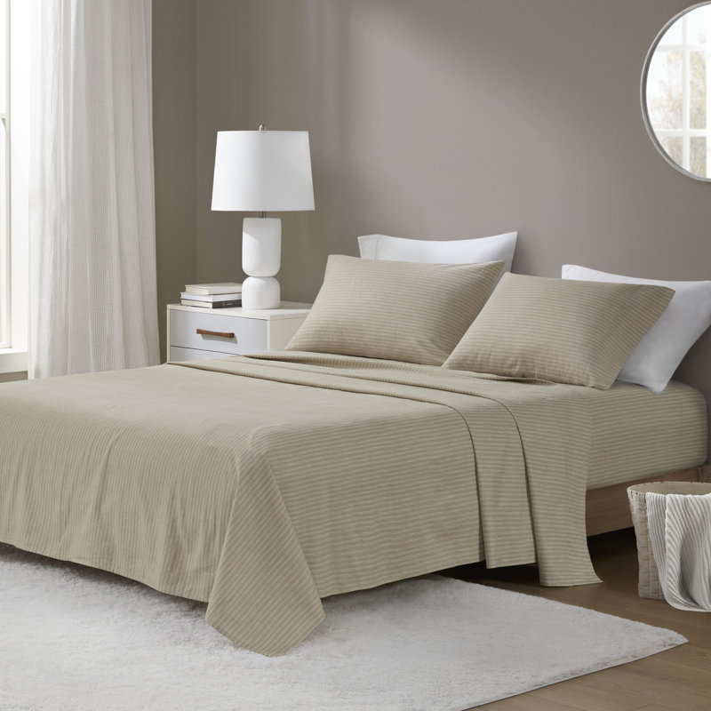 Ensemble de draps 100% coton Cozy, Ensemble de draps très grand californien avec 2 t, Rayures beiges et blanches