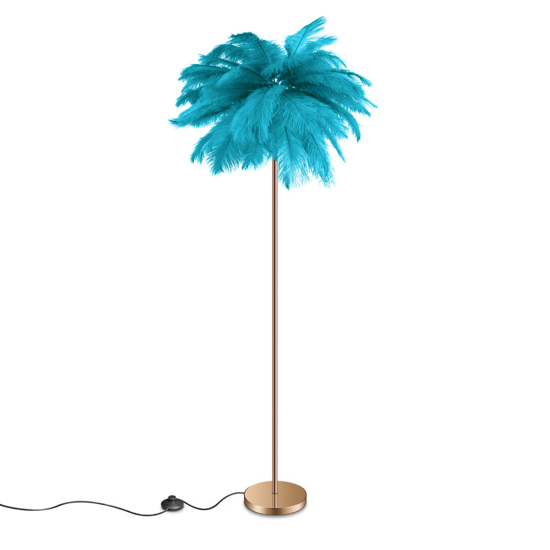 61'' LED Brass Feather Floor Lamp With Outlet, Teal Blue