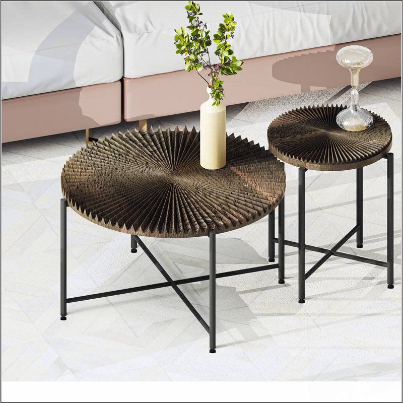 Ensemble de 2 tables basses et tables de bout - Panneau de fibres à densité moyenne imperméable avec revêtement en PVC, conception cylindrique vieillie, pieds en métal - charme rustique classique, technique 