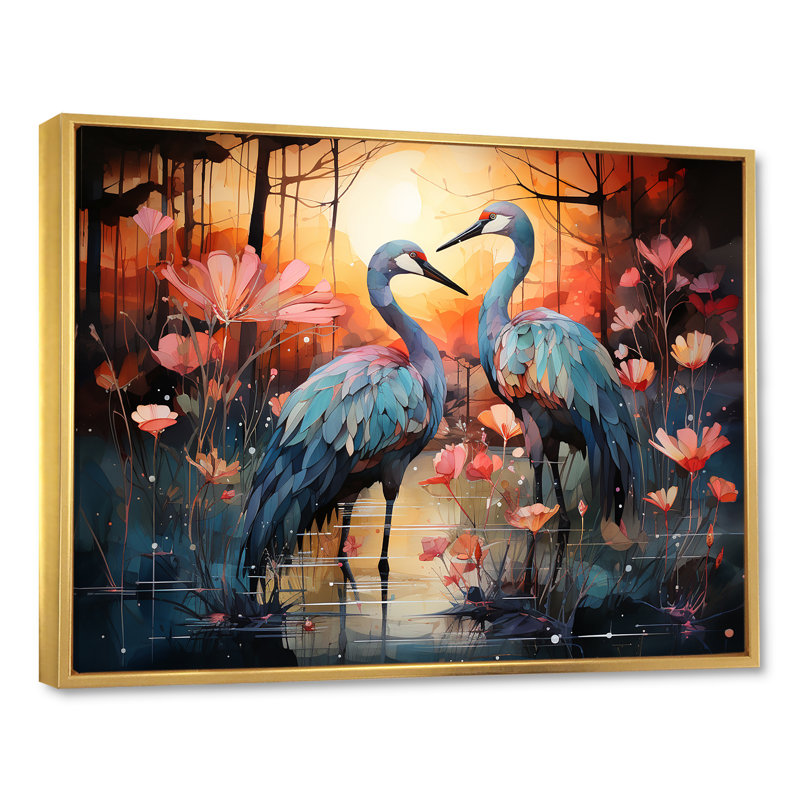 Flamant crépuscule sur toile, Cadre flottant doré, H 34 po x l 44 po x P 1,5 po
