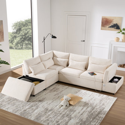 107" Sectional Sleeper Sofa Bed with Pull Out Couch, L-shaped with Adjustable Armrest, USB&Type-C Charging, Free Movement Storage Ottoman