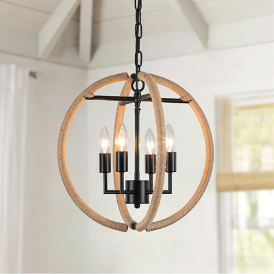 4-light Rattan Black Orb Chandelier, Farmhouse Chandelier For Kitchen, Living Room, Hallway, Foyer