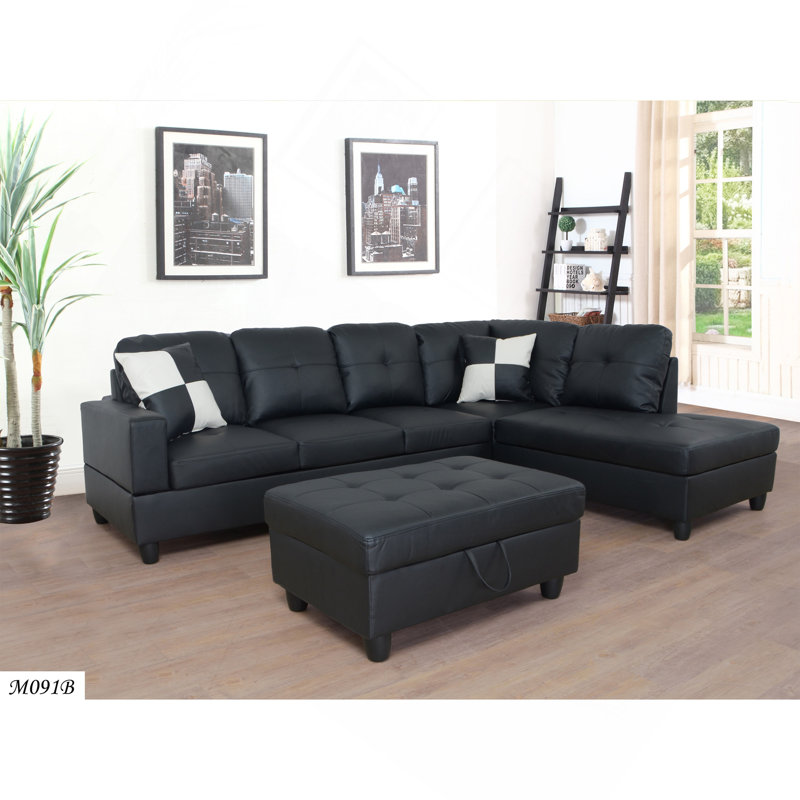 Ensemble de canapé modulaire 3 pièces, (noir) Canapé en similicuir orienté à gauche avec repose-pieds avec rangement gratuit