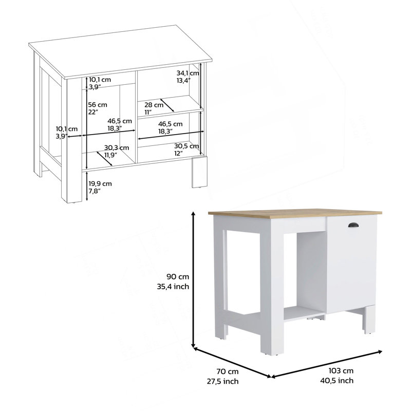Îlot de cuisine H 35 po, une armoire de rangement avec porte, deux tablettes internes, une tablette de rangement ouverte, blanc / macadamia