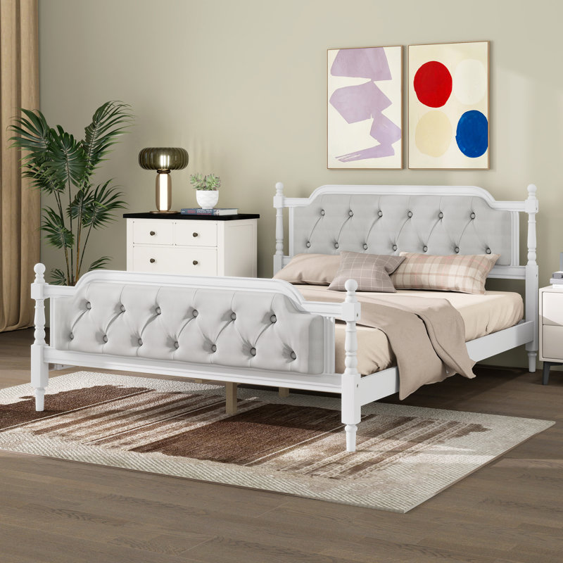 Upholstered Platform Bed with Headboard, Queen, Antique White