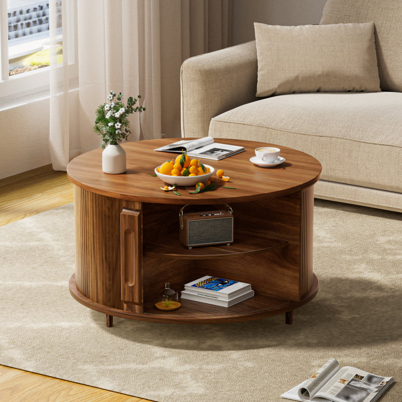 Round Coffee Table Lift Top with Storage and Sliding Door, 31.5" Mid Century Fluted Small Center Table for Living Room, Walnut