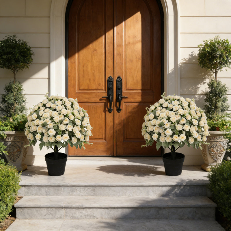 Rose artificielle en pot résistante aux rayons UV pour l'intérieur et l'extérieur, Blanc