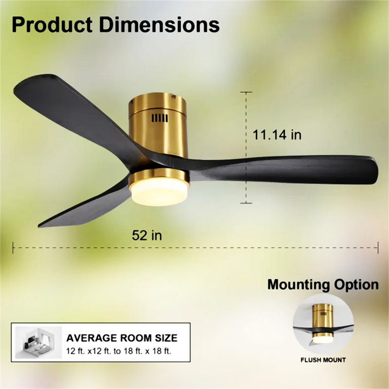 Ventilateur de plafond à profil bas 52 pouces avec télécommande 3 pales en bois massif