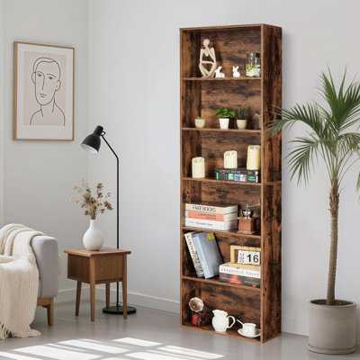 Rustic Industrial 6-Tier Wood and Metal Bookcase – Tall Storage Shelf for Living Room, Bedroom, Home Office