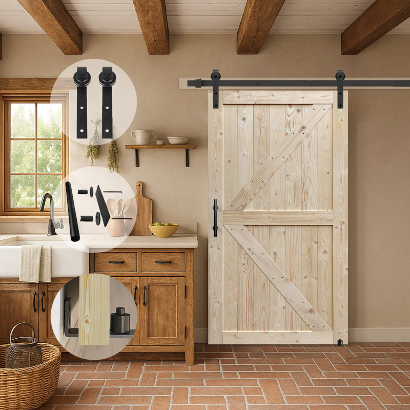S&Z TOPHAND Unfinished British Brace Knotty Barn Door with Sliding Door Hardware Kit/Solid Wood/Sliding Door/Double Surfaces/A Simple Assembly is Required