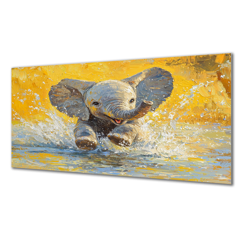 Éléphanteau jouant dans la rivière - Éléphant, décoration murale en métal, reproduction d'art moderne en métal