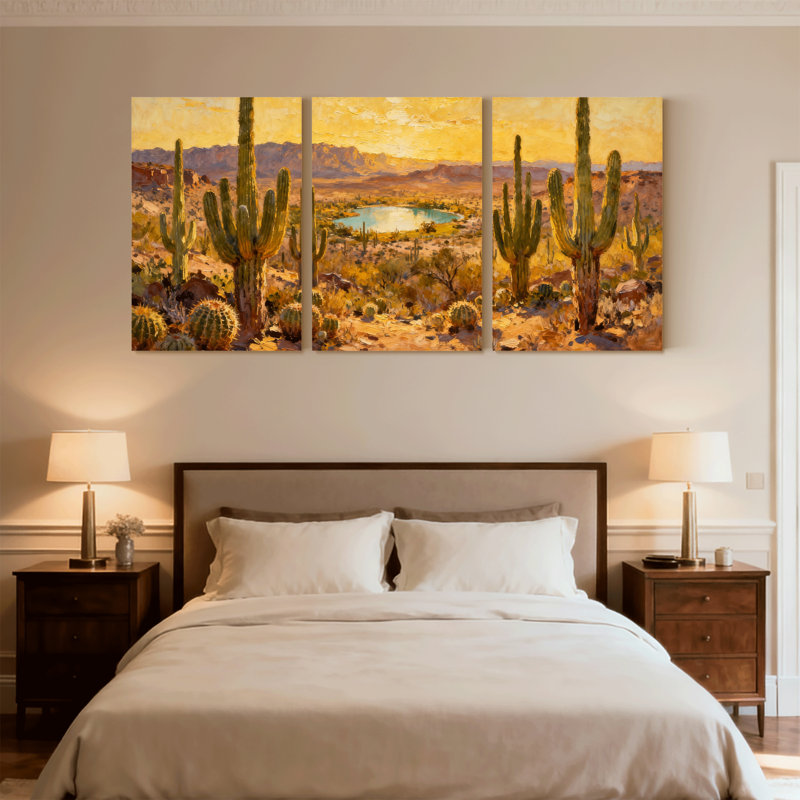 Cactus, paysage désertique avec cactus et lac, ensemble de 3 impressions sur toile, H 30 po x l 60 po