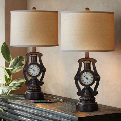 25” Vintage Clock Lamp Set With Usb Ports