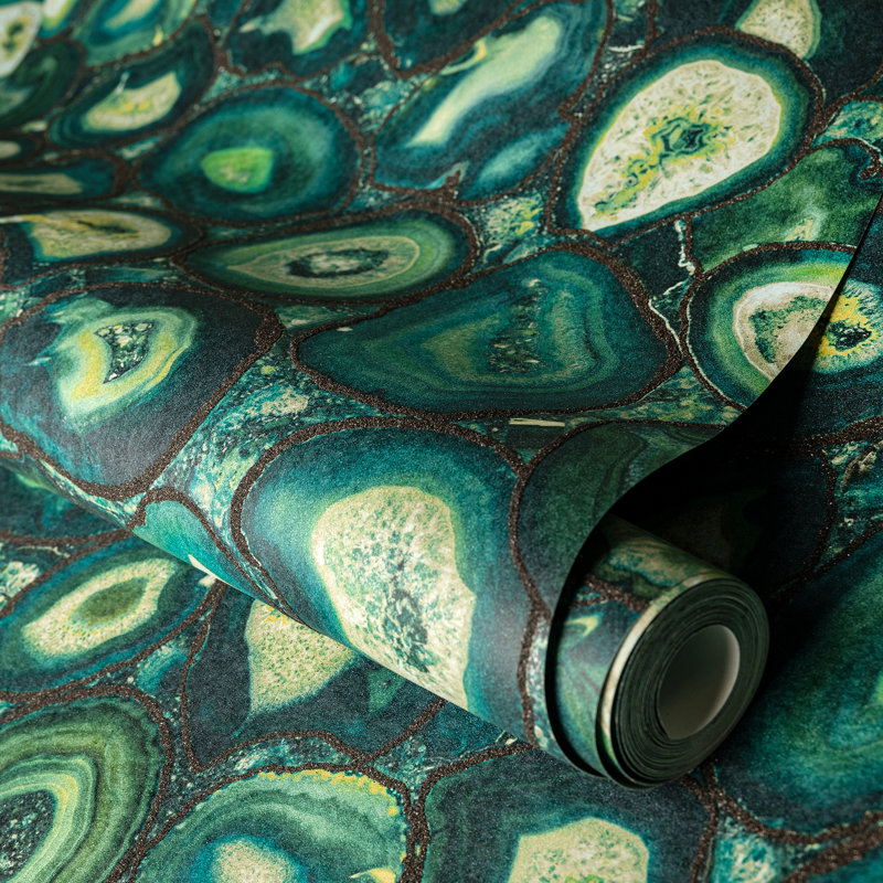 Pepper Glass Bead Finish Geometric Filo Stone Wallpaper Roll, Green