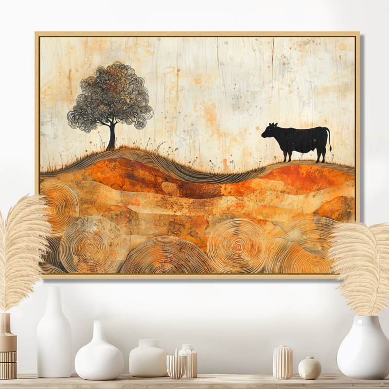 «Drewann Autumn Farm with Cow In The Field Landscape», art mural ferme, Impression encadrée flottante, Crème