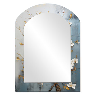Peacefulness blanc bleu Dogwood I - grand miroir mural asymétrique cornouiller, miroir traditionnel arche unique, impression d'art en métal