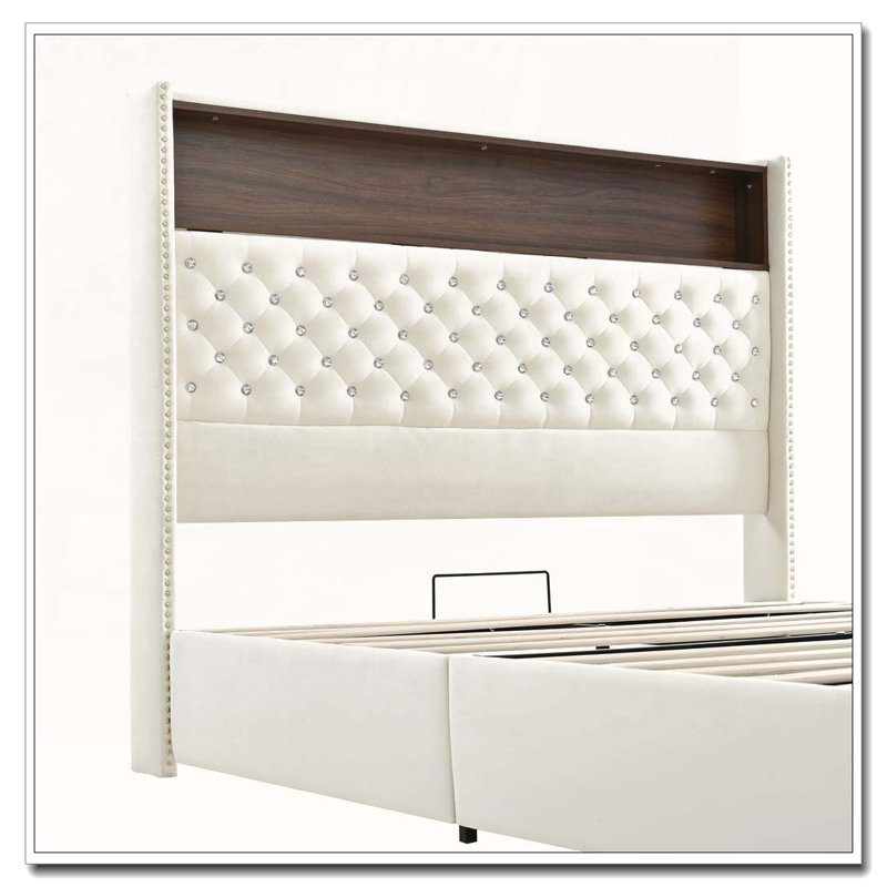 Cadre de lit doux en velours capitonné avec port USB et veilleuse, tête de lit haute 52 po avec rivets, Grand, Beige
