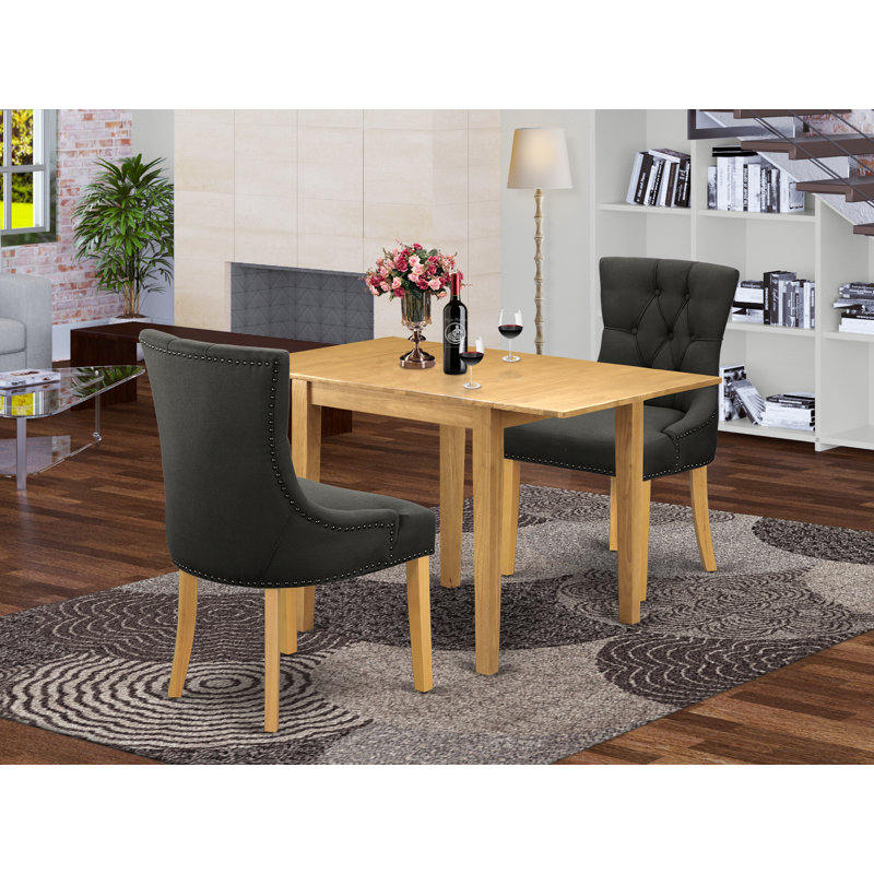 Ensemble de salle à manger 3 pièces pour petits espaces comprenant une table de salle à manger rectangulaire avec Dropleaf et 2 chaises Parson en tissu de lin Gotham foncé, chêne