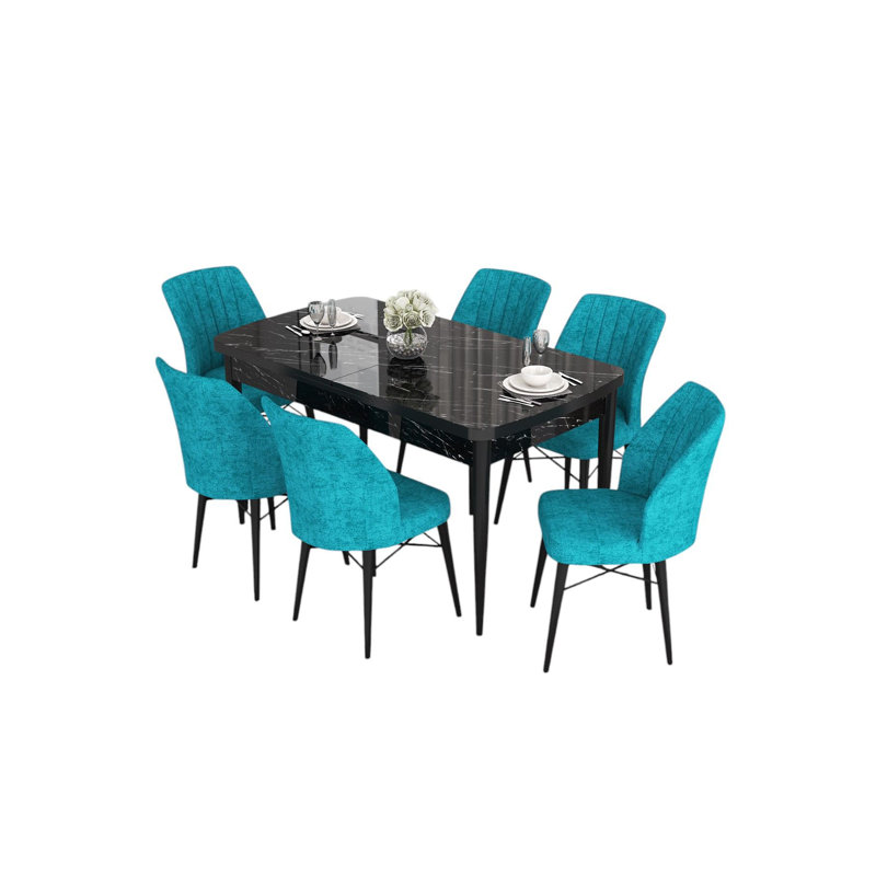 Ensemble de table et chaises de salle à manger moderne extensible (7 pièces), marbre noir et turquoise, table: 51,2 po x 30,7 po x 31 po (extension: 66,9 po) | Structure 100% bois aggloméré et métal, sièges en mousse confortables, parfaits pour les réunions de famille