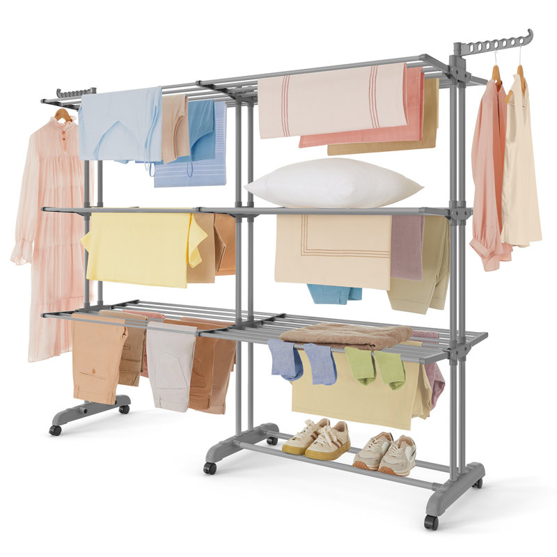 Séchoir à linge à 4 niveaux, pliable, séchoir à linge de 69,9 pouces de hauteur, tiges extensibles, acier inoxydable, étendoir à linge, séchoir à linge, usage intérieur / extérieur