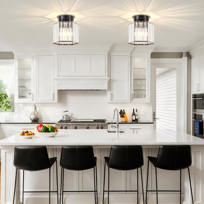 1-Light Dimmable Crystal Drum Semi Flush Mount Ceiling Light for Bedroom Kitchen Hallway, Matte Black