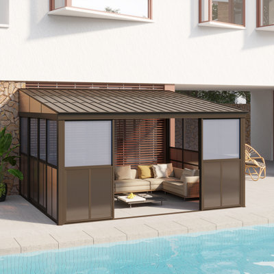 12 x 14 FT Wall-Mounted Gazebo, All-season Aluminum Patio Gazebo With Side Door, Outdoor Permanent Sunroom, Brown