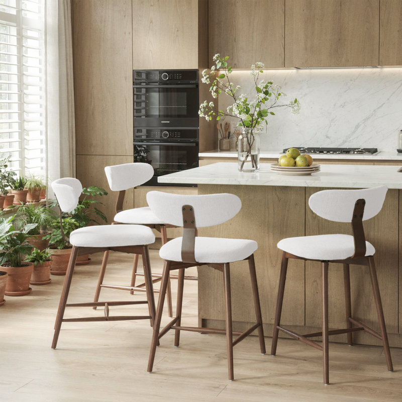 Tabouret de bar pivotant rembourré en mélange de coton avec dossier incurvé, Beige