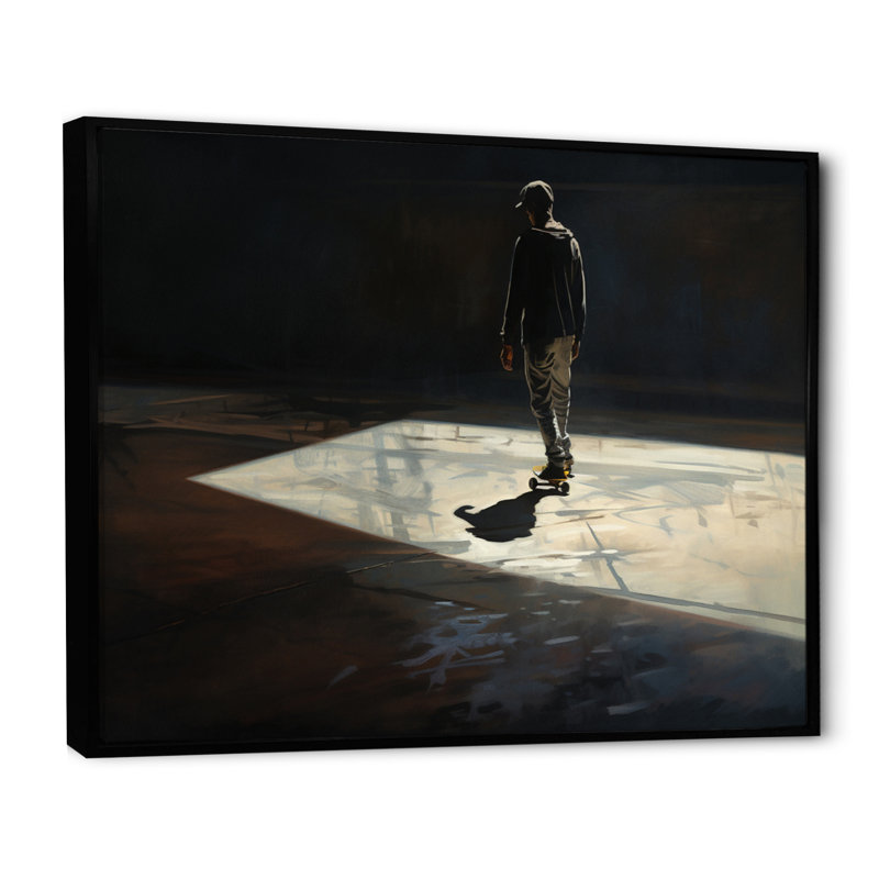 Skateboard Street Shadows - Art mural encadré de planche à roulettes, H 12 po x l 20 po x P 1 po, Cadre flottant noir