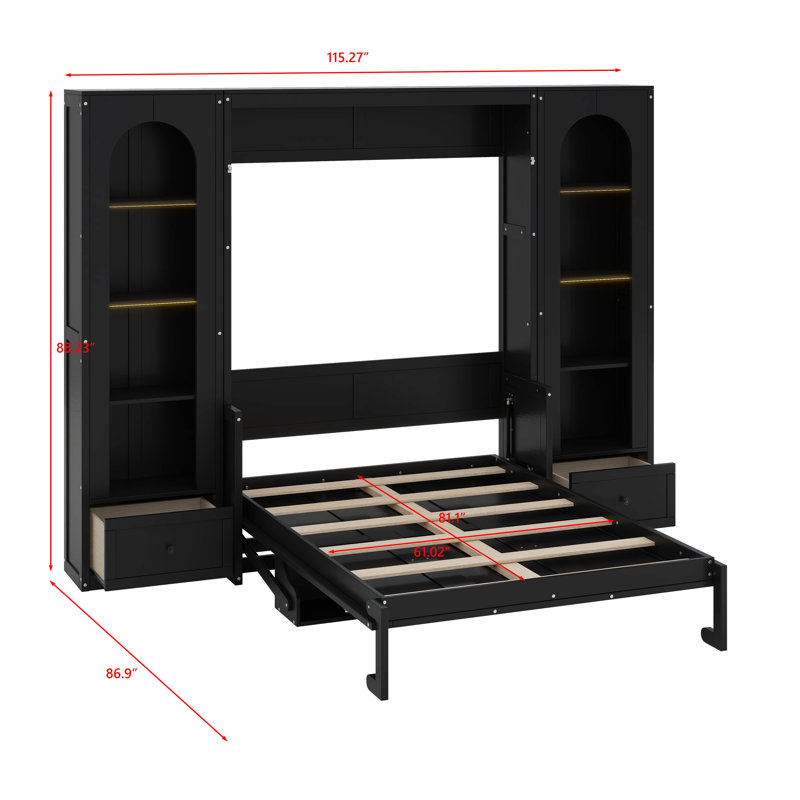 Grand lit plateforme escamotable avec tablette, armoires latérales, tiroirs et DEL, Noir