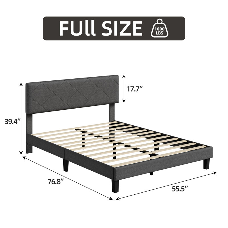 Structure de lit double avec tête de lit tapissier, cadre de lit double avec support en lattes de bois, sommier à assemblage facile, sans sommier tapissier et sans bruit - gris foncé