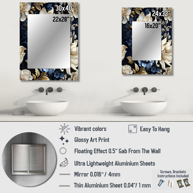 Fleur de marguerite bleu foncé et blanc Douglasland - miroir floral, miroir mural décoratif de campagne, impression d'art en métal