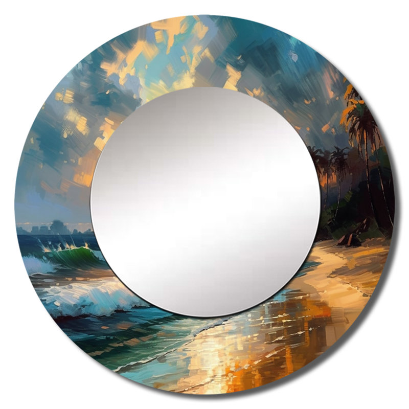 Shenaya Green and Blue Coastal Escapes - miroir mural plage, miroir décoratif rond vert, impression d'art en métal
