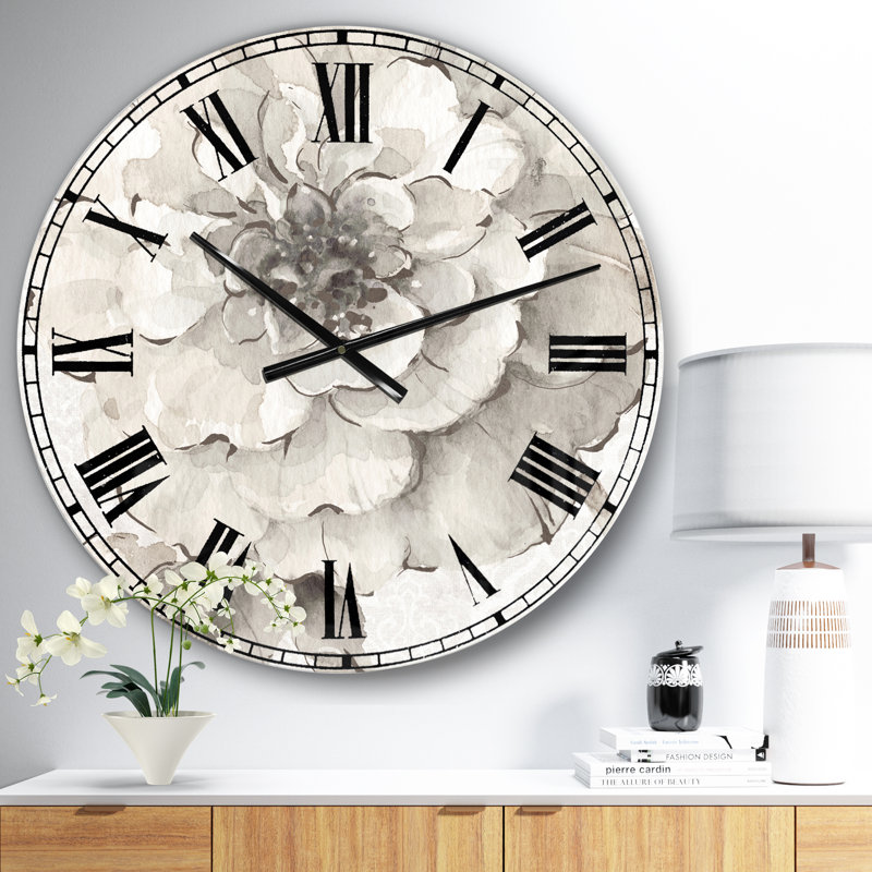 Indigold Grey Pivoines I - Horloge murale traditionnelle, Moyen, Gris clair