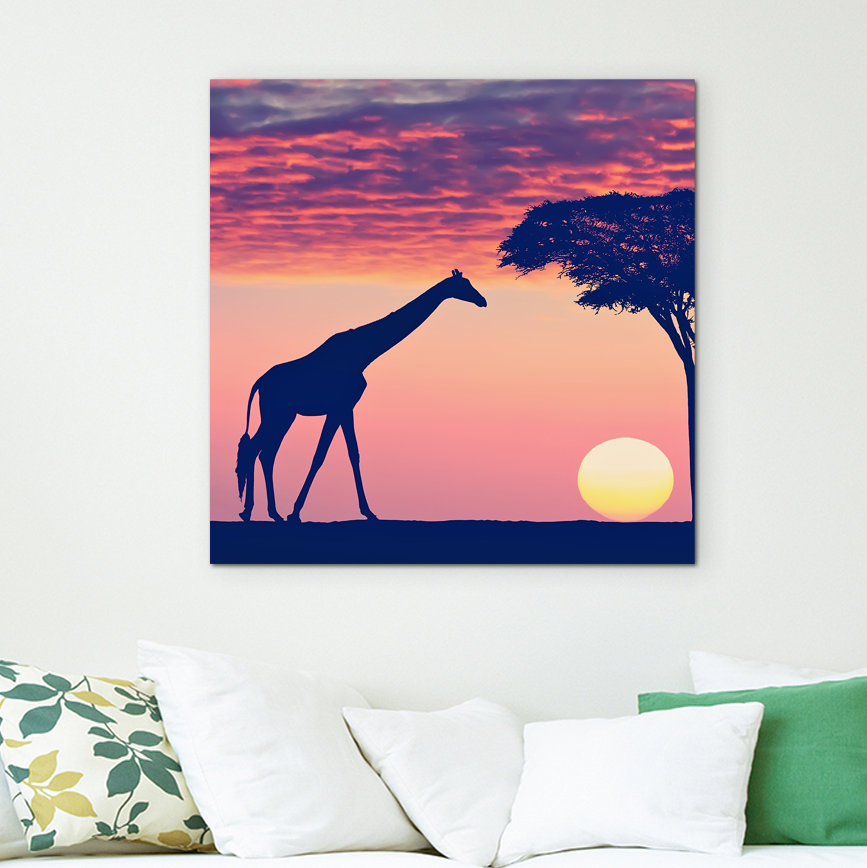 Gerahmtes Leinwandbild Silhouette mit Giraffe und Akazie